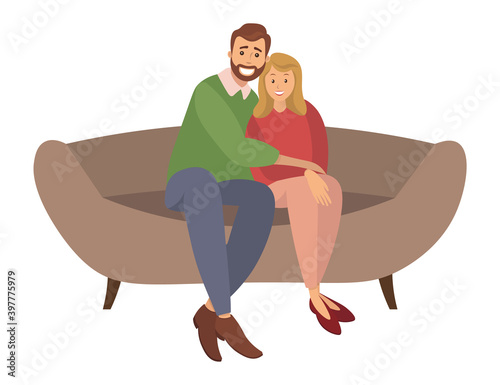 A man and a woman are sitting on a large brown sofa. The bearded guy is hugging the girl in the red dress and smilng. Married couple sitting on the couch together with happiness vector illustration