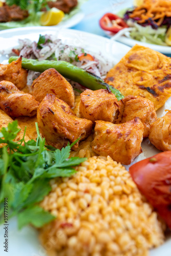 chicken shish kebab in a plate with appetizers