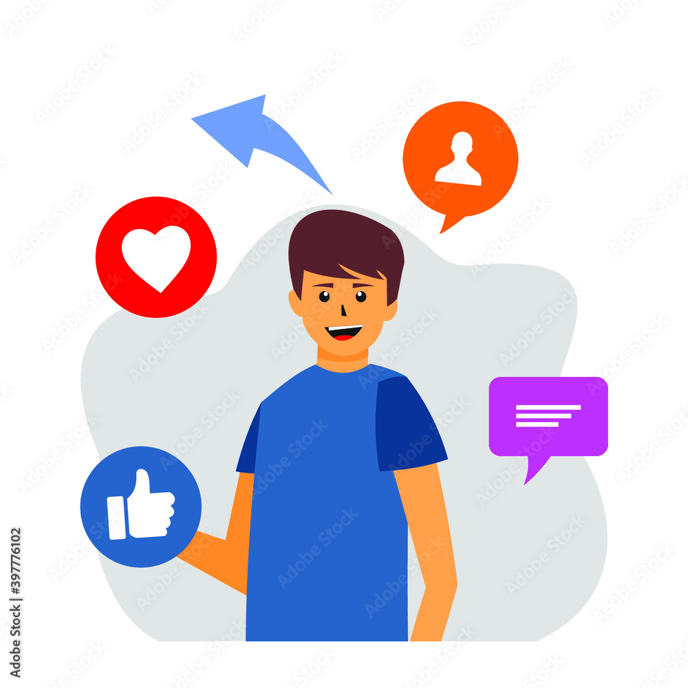 man in the middle of various icons in a bubble around him man in the middle of various icons in a bubble around him