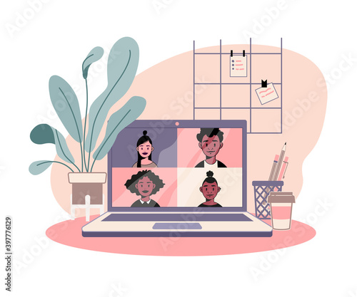 Online meeting, video conference, work from home, happy quarantined work team. A cozy workplace with a laptop for online education, freelancing and video calls. vector illustration isolated on white