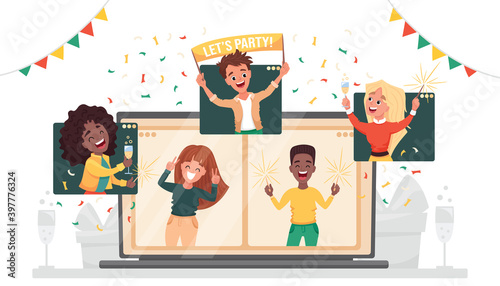 Online party. Virtual New Year company party. Diverse people dancing and chatting celebrating the holiday on via video call. Friends meeting up online. Vector cartoon flat illustration 