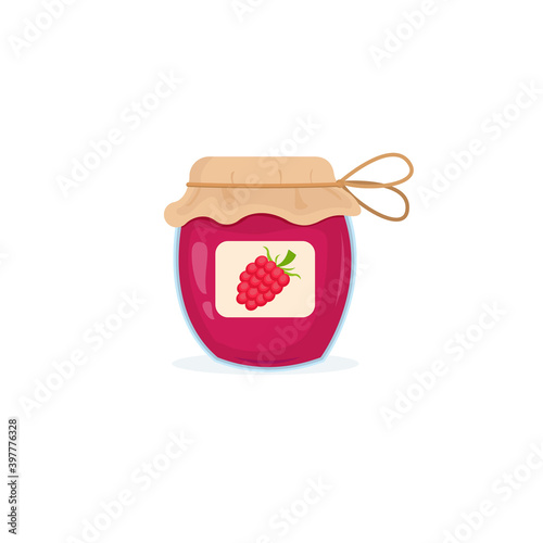 Glass jar with raspberry jam. Organic product. Tasty breakfast.