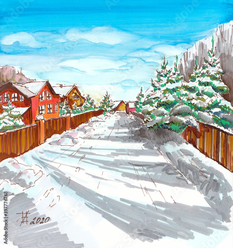 Winter street of the cottage village, snow-covered fir trees on the sides, brown houses behind the fence, blue sunny sky.