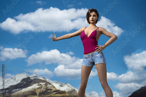 woman hitchhiking on road in mountains, hitchhiking with thumbs up, 3D