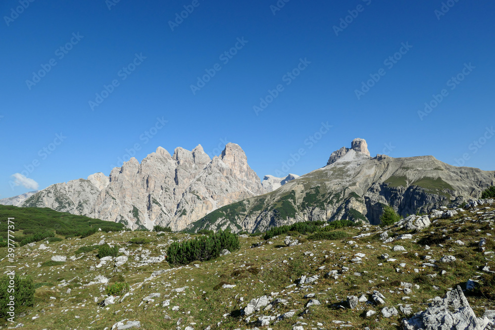 A panoramic view on lush green meadow with some small bushes and stones in between. In the back there are high chains of Italian Dolomites. Raw and desolated landscape. Solitude and calmness