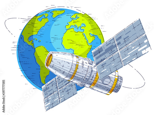 Space station flying orbital spaceflight around earth, spacecraft spaceship iss with solar panels, artificial satellite. Thin line 3d vector illustration.