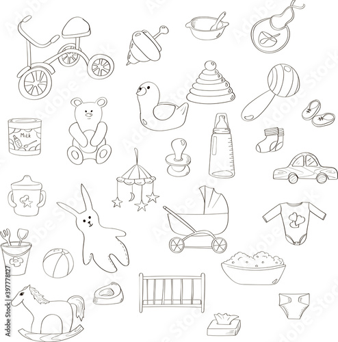 Big set of doodle elements of accessories and toys for the newborn baby