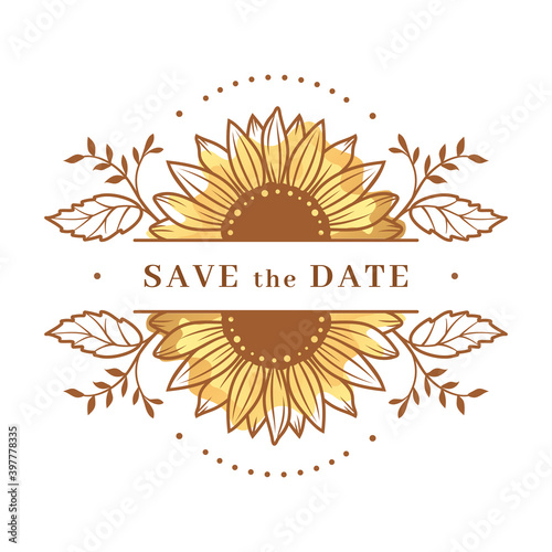 Sunflower frame, Sunflower split monogram. Save the date wedding card. Sunflower floral frame clipart, Vector illustration