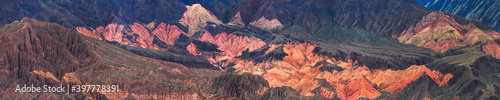 Panoramic photo of the valley landscape view from the path to the Garganta del Diablo in Tilcara, Jujuy, Argentina. Quebrada de Humahuaca