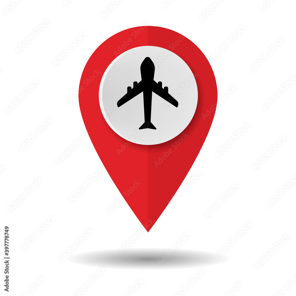 Red map pin with icon of airplane isolated on white background. Vector illustration. Red map pin with icon of airplane isolated on white background. Vector illustration.