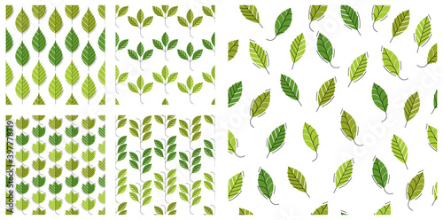 Stylish cartoon leaves seamless vector pattern set  endless wallpaper or textile swatch with tree floral  green spring life theme pic collection.