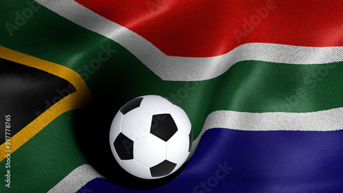 3D rendering of the flag of South Africa with a soccer ball