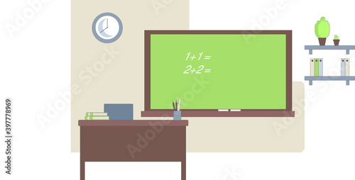 Empty school classroom with green chalkboard, teachers desk, pupils tables and chairs. Flat style vector illustration isolated on white background.