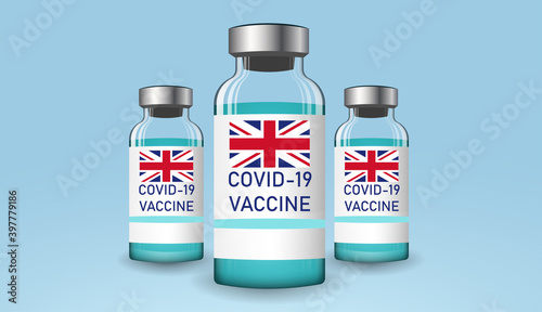 Background with ampoules of the coronavirus vaccine. Vaccination in the UK