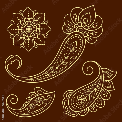 Set of Mehndi flower pattern and mandala for Henna drawing and tattoo. Decoration in ethnic oriental, Indian style. Doodle ornament. Outline hand draw vector illustration.