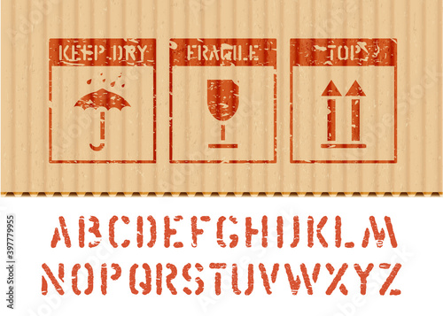 Standard cargo grunge box signs and alphabet for cargo and logisticks umbrella, glass, arrow up icons on cardboard. Vector