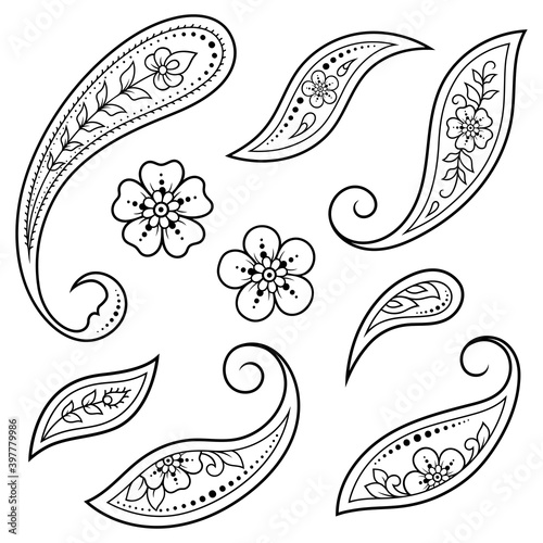 Set of Mehndi flower pattern and mandala for Henna drawing and tattoo. Decoration in ethnic oriental, Indian style. Doodle ornament. Outline hand draw vector illustration.