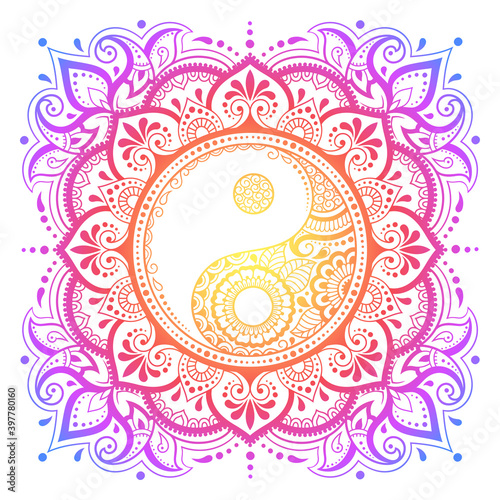 Color Circular pattern in form of mandala with ancient hand drawn symbol Yin-yang for decoration. Decorative ornament in oriental style. Rainbow design on white background.