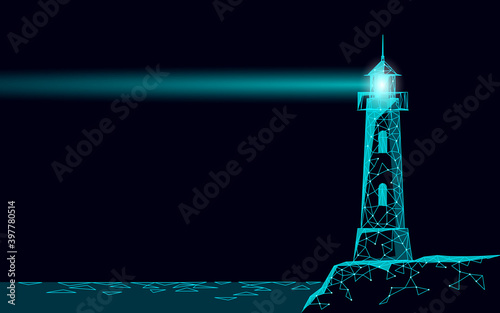 Lighthouse tower emit light lamps and lenses navigation for maritime pilots at sea ocean. Searchlight beam marine night low poly. Safety dangerous coastlines hazard reef rock vector illustration