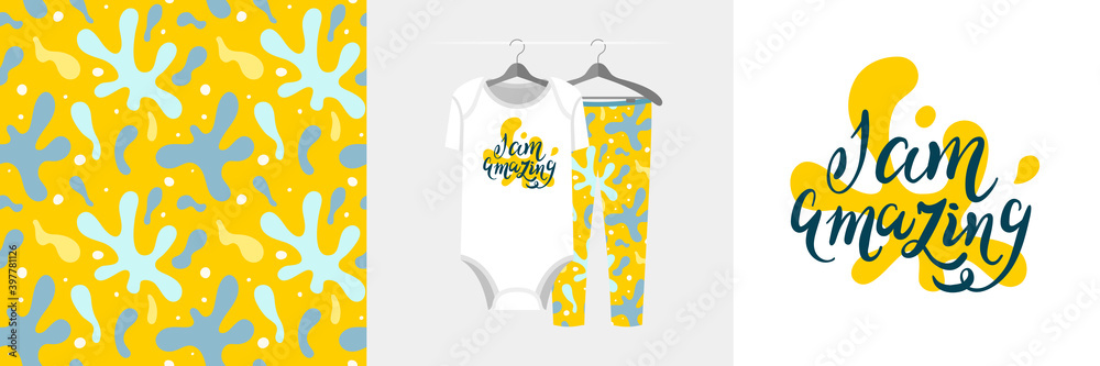 Seamless paint spots pattern and illustration set with lettering I am amazing Seamless paint spots pattern and illustration set with lettering I am amazing