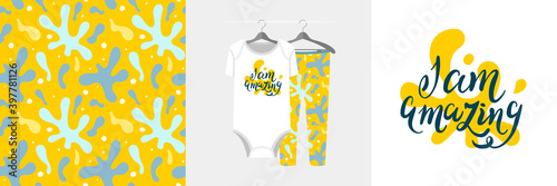 Seamless paint spots pattern and illustration set with lettering I am amazing