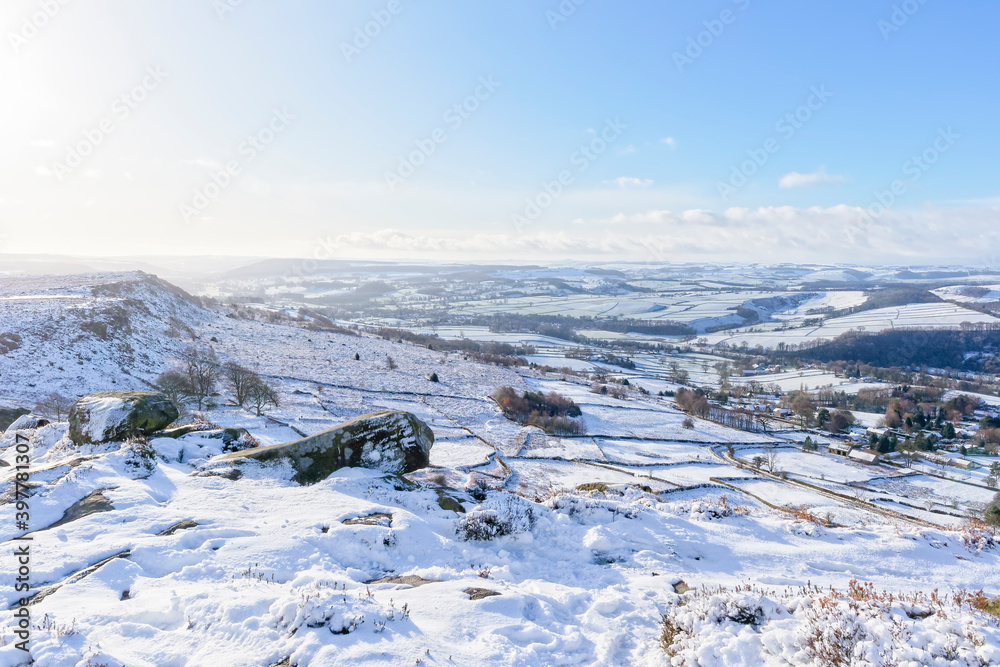 Low winter sun lights a Derbyshire Peak District winter landscape