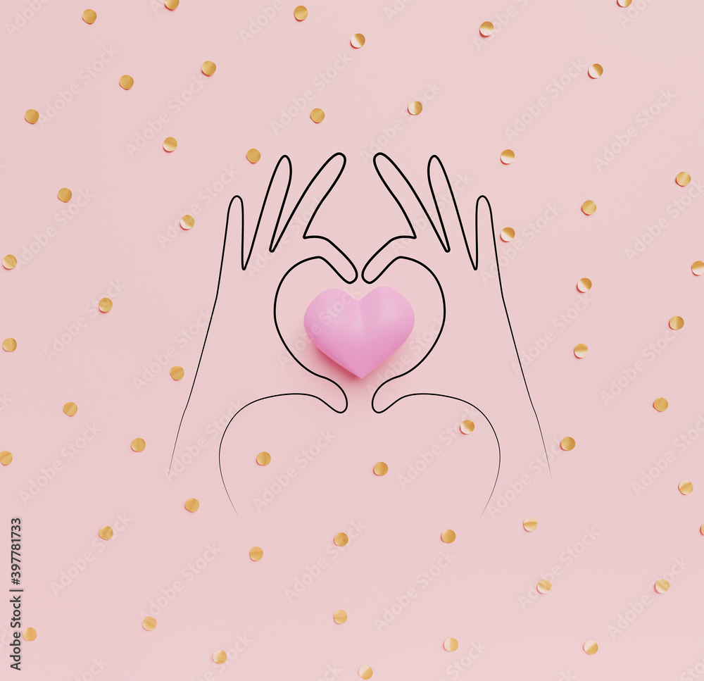 Doodle hands holding pink heart. Happy Valentine's Day. Health care, Love and family insurance concept, World heart day.  3D rendering