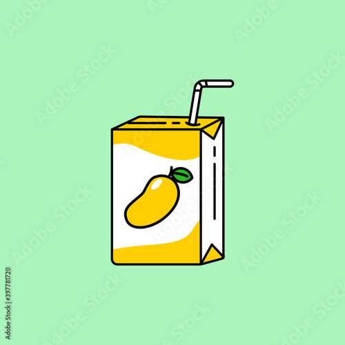 Mango juice with paper box package and straw vector illustration isolated on green background. Linear color style of Mango juice icon