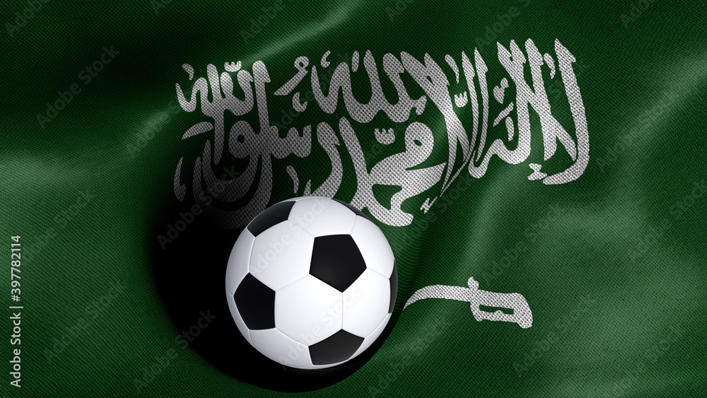 3D rendering of the flag of Saudi Arabia with a soccer ball 3D rendering of the flag of Saudi Arabia with a soccer ball