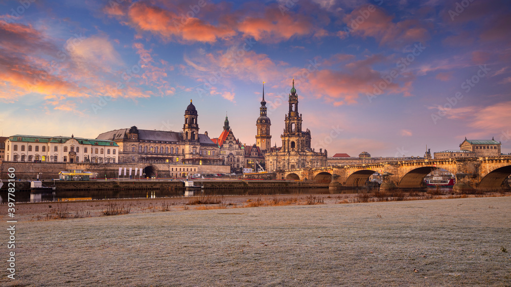 Dresden, Germany. Cityscape image of skyline Dresden, Germany with Dresden Cathedral during beautiful sunset.
