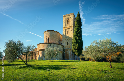 Sant Antimo abbey in the morning. Montalcino. Tuscany, Italy photo