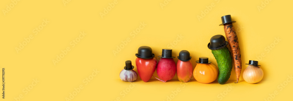 Funny characters of a large family of vegetables. Creative design farmers food market advertising poster. yellow background, copy space for text
