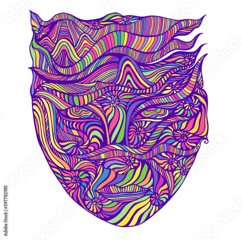 Bright Psychedelic Surreal Shamanic Abstract Face with many colorful patterns neon pastel color, isolated on white.