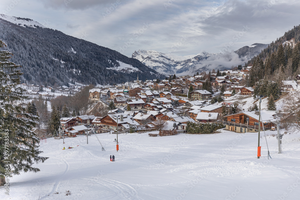 The first snow of the 2020/21 winter falls on the pretty French Alpine Village of Les Contamines-Montjoie