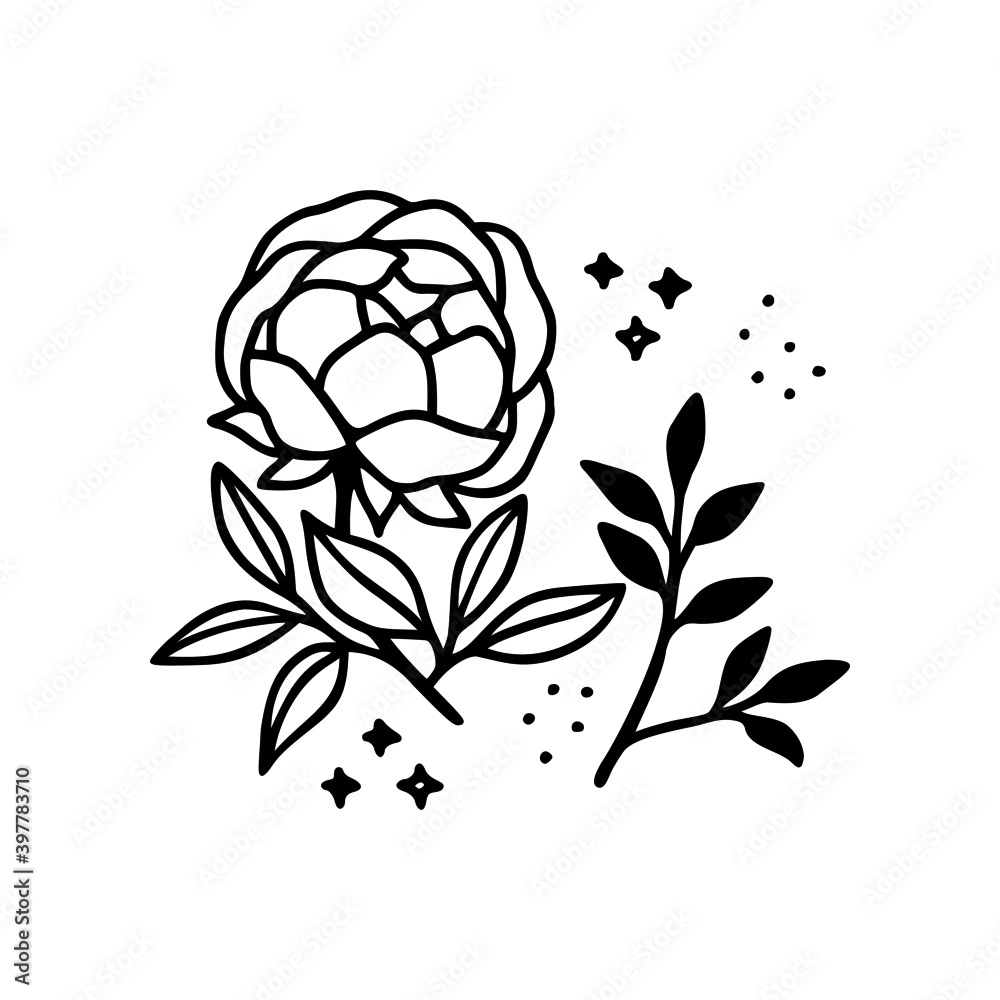 Obraz premium Hand drawn rose, peony flower and botanical leaf branch illustration. Black line art vector feminine logo. Symbol and icon for wedding, business card, cosmetics, jewel, brand, and beauty products