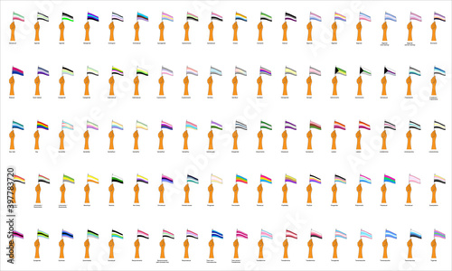list of 90 LGBTQ+ pride flags in alphabetic order, aro flag, ace flag, non binary flags, trans flags, gay flags
