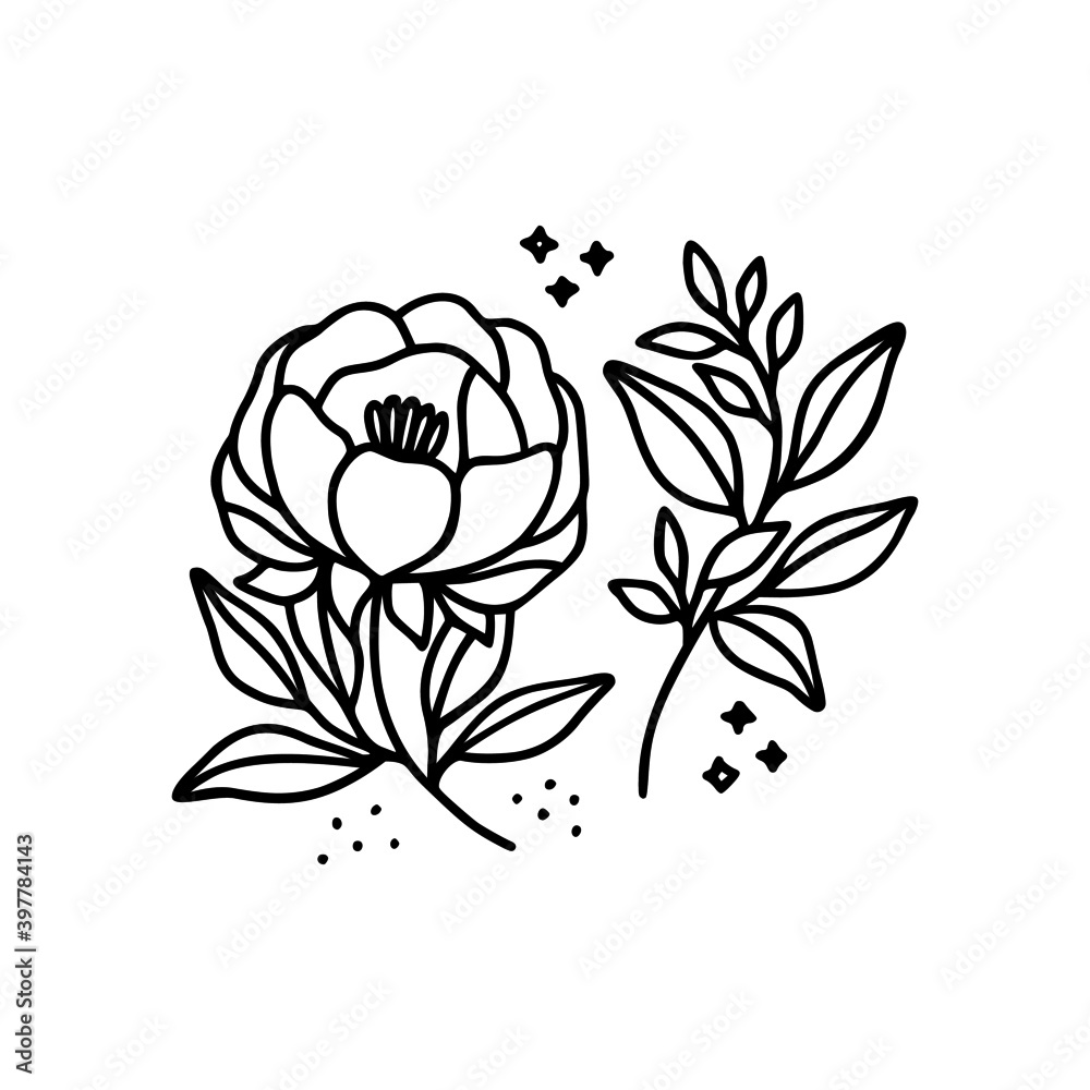 Hand drawn rose, peony flower and botanical leaf branch illustration. Black line art vector feminine logo. Symbol and icon for wedding, business card, cosmetics, jewel, brand, and beauty products Hand drawn rose, peony flower and botanical leaf branch illustration. Black line art vector feminine logo. Symbol and icon for wedding, business card, cosmetics, jewel, brand, and beauty products