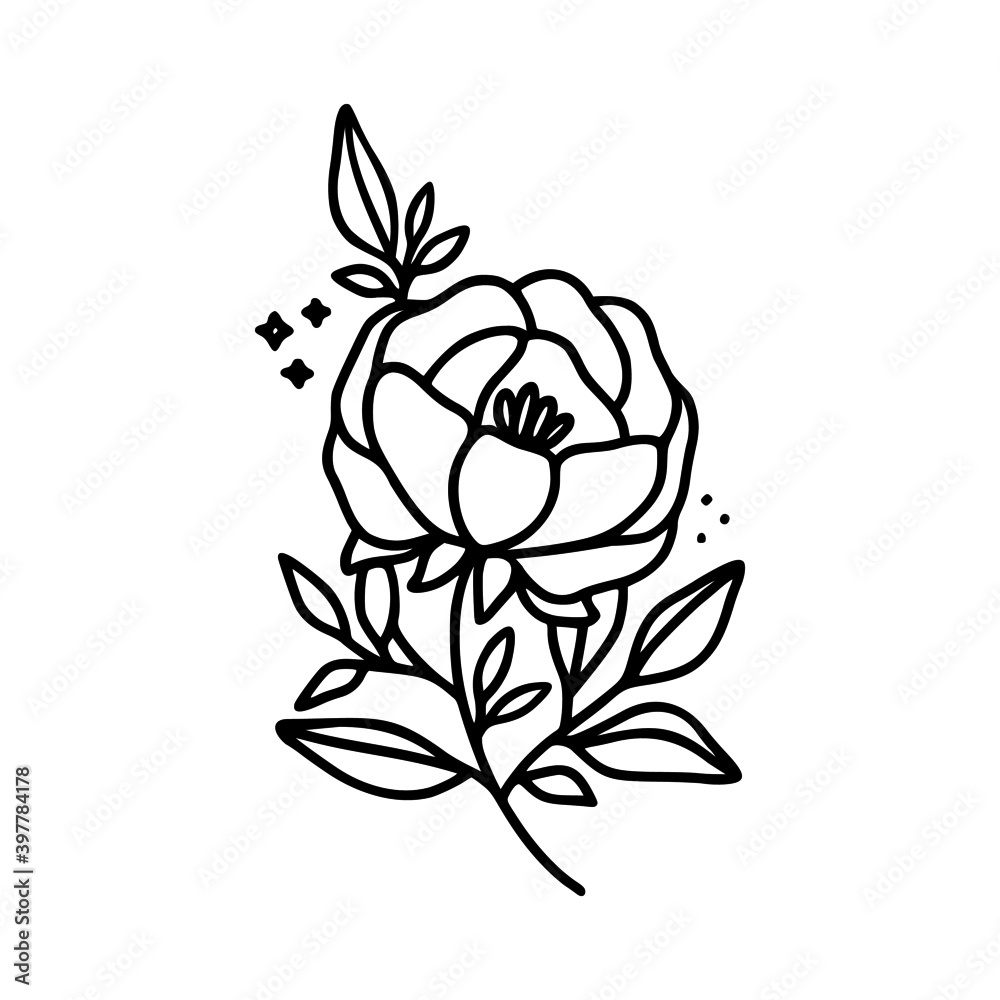 Obraz premium Hand drawn rose, peony flower and botanical leaf branch illustration. Black line art vector feminine logo. Symbol and icon for wedding, business card, cosmetics, jewel, brand, and beauty products