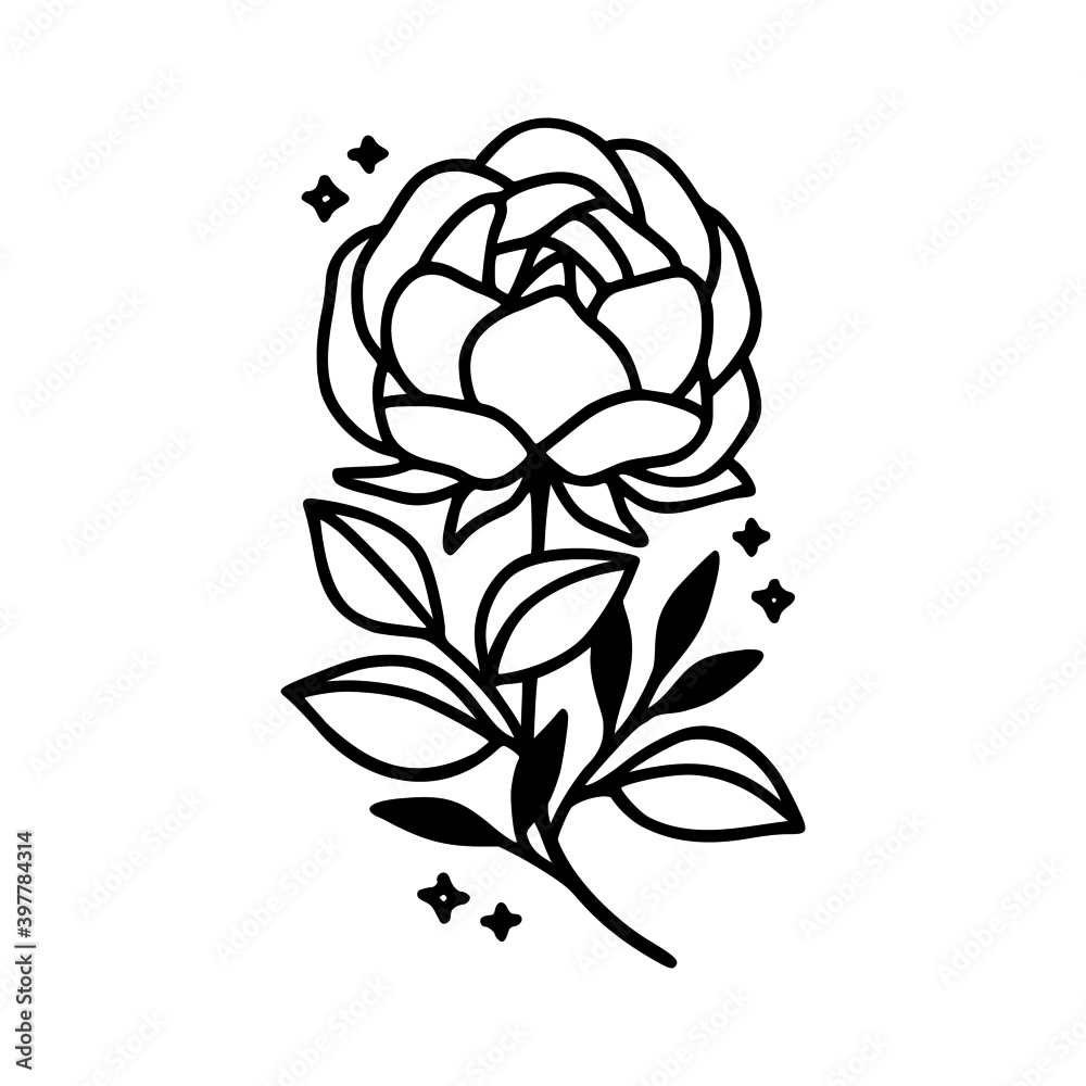 Hand drawn rose, peony flower and botanical leaf branch illustration. Black line art vector feminine logo. Symbol and icon for wedding, business card, cosmetics, jewel, brand, and beauty products Hand drawn rose, peony flower and botanical leaf branch illustration. Black line art vector feminine logo. Symbol and icon for wedding, business card, cosmetics, jewel, brand, and beauty products