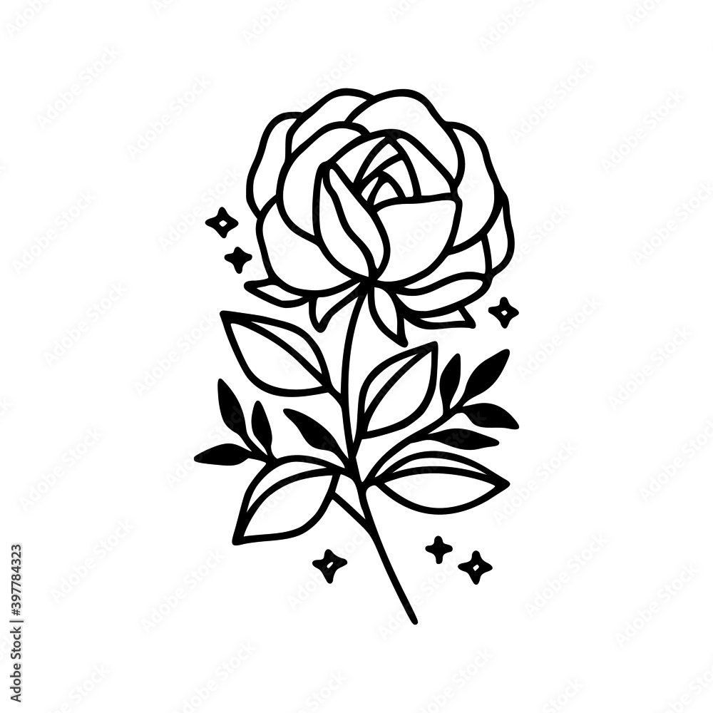 Hand drawn rose, peony flower and botanical leaf branch illustration. Black line art vector feminine logo. Symbol and icon for wedding, business card, cosmetics, jewel, brand, and beauty products Hand drawn rose, peony flower and botanical leaf branch illustration. Black line art vector feminine logo. Symbol and icon for wedding, business card, cosmetics, jewel, brand, and beauty products