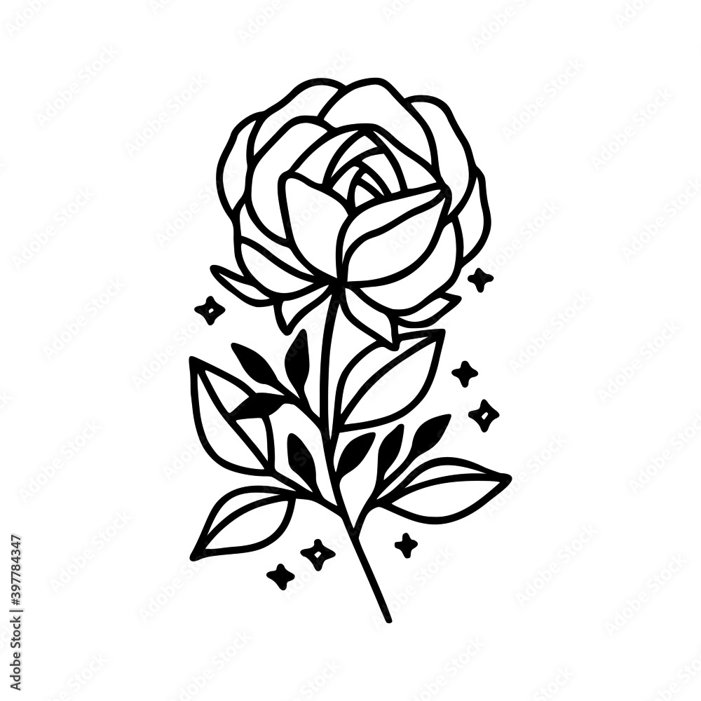 Hand drawn rose, peony flower and botanical leaf branch illustration. Black line art vector feminine logo. Symbol and icon for wedding, business card, cosmetics, jewel, brand, and beauty products Hand drawn rose, peony flower and botanical leaf branch illustration. Black line art vector feminine logo. Symbol and icon for wedding, business card, cosmetics, jewel, brand, and beauty products