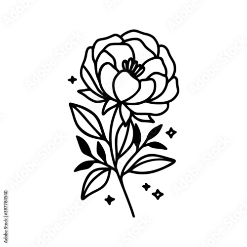 Hand drawn rose, peony flower and botanical leaf branch illustration. Black line art vector feminine logo. Symbol and icon for wedding, business card, cosmetics, jewel, brand, and beauty products