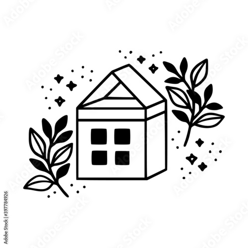 Hand drawn home, house, building, and botanical leaf branch illustration. Black line art vector logo. Symbol and icon for business card, shop, brand, and products