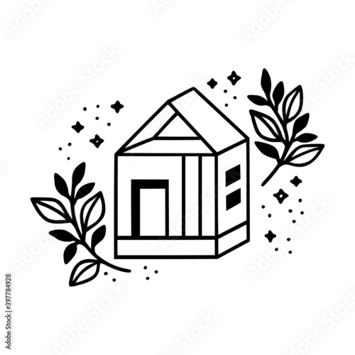 Hand drawn home, house, building, and botanical leaf branch illustration. Black line art vector logo. Symbol and icon for business card, shop, brand, and products