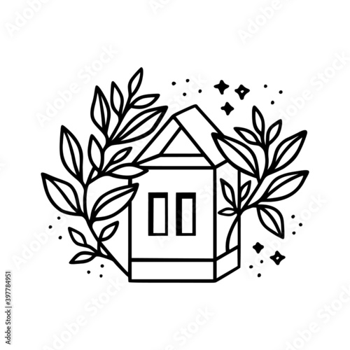 Hand drawn home, house, building, and botanical leaf branch illustration. Black line art vector logo. Symbol and icon for business card, shop, brand, and products