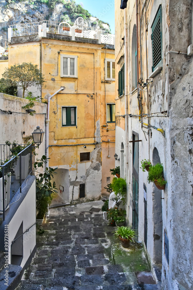 A characteristic alley in Atrani, a Mediterranean village on the Amalfi coast, Italy.