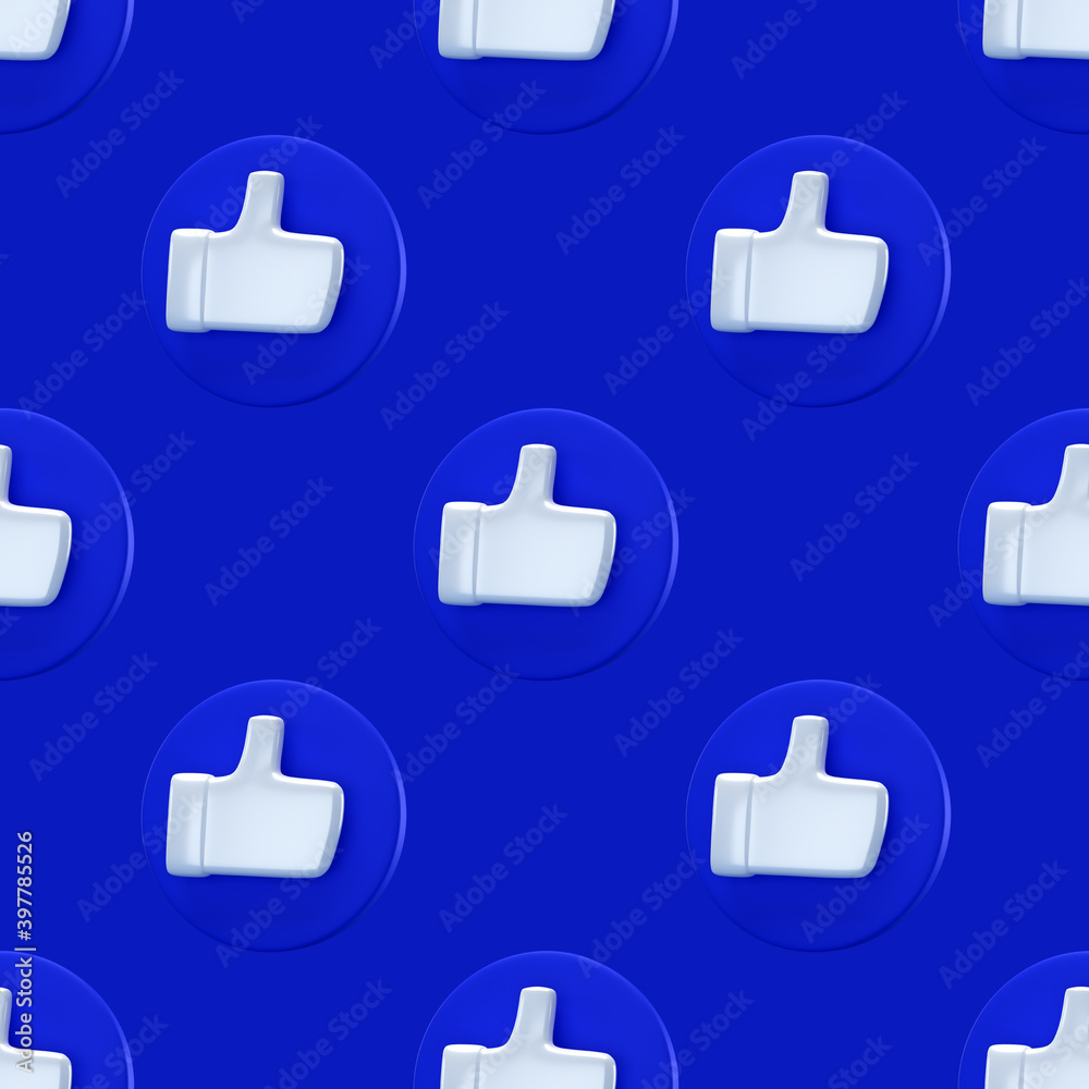 Obraz premium Social like minimal concept seamless pattern. 3d render. Like icon on a blue circle isolated on background. 3d illustration Thumbs up button