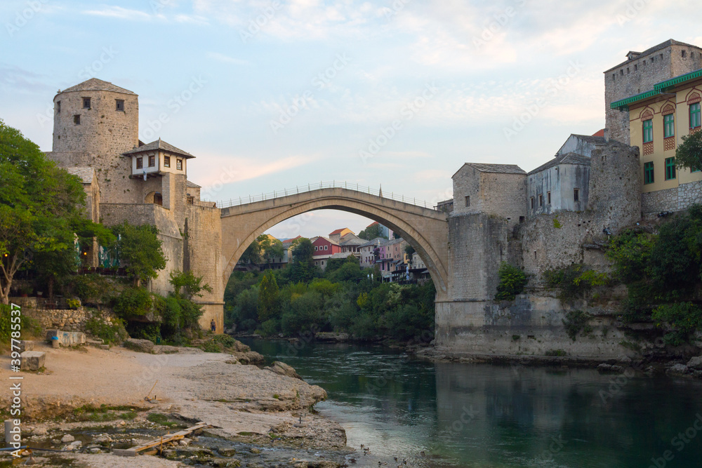 View of the historic Old Bridge in Mostar at dawn. Bosnia and Herzegovina
