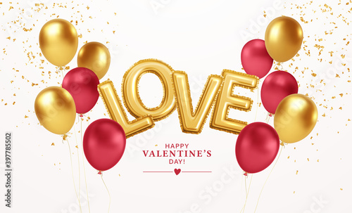 Happy Valentines Day gold and red balloons with the inscription love from gold foil helium balloons. For festive design of flyer, poster, card, banner. Vector illustration