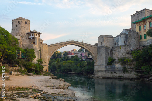 View of the historic Old Bridge in Mostar at dawn. Bosnia and Herzegovina
